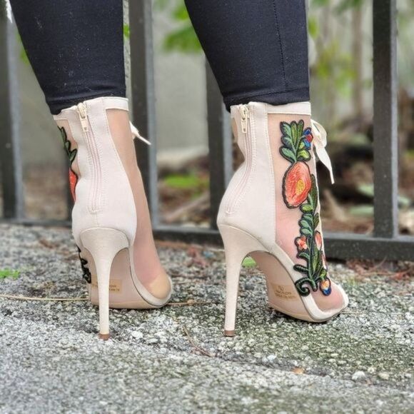 Women Ankle Open Toe High Heel Booties Lace Up Nude Color - Picture 6 of 7